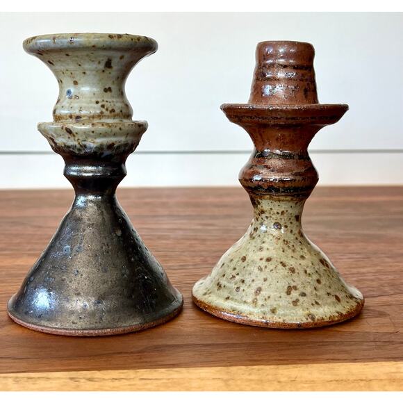 Vintage Pair of Handmade Stoneware Glazed Candlestick Holders Signed Hanson - Picture 2 of 15